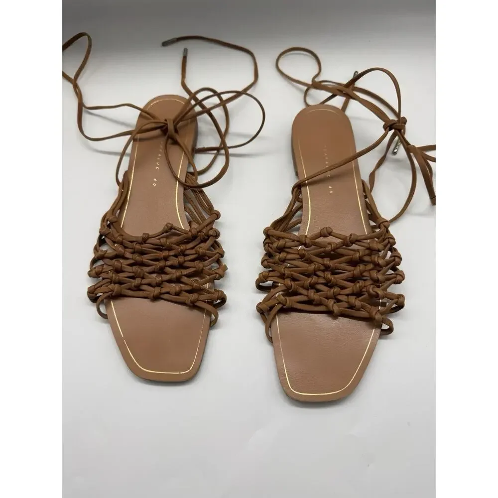 Zara Trafaluc Brown Braided Ankle Wrap Flats US Size 9 Euro 40 - Picture 3 of 8